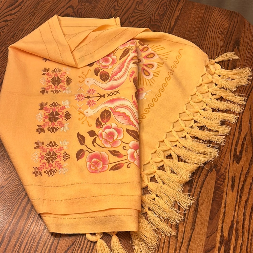 Beautiful mustard colored shawl / stole with pink peacock and rose floral design